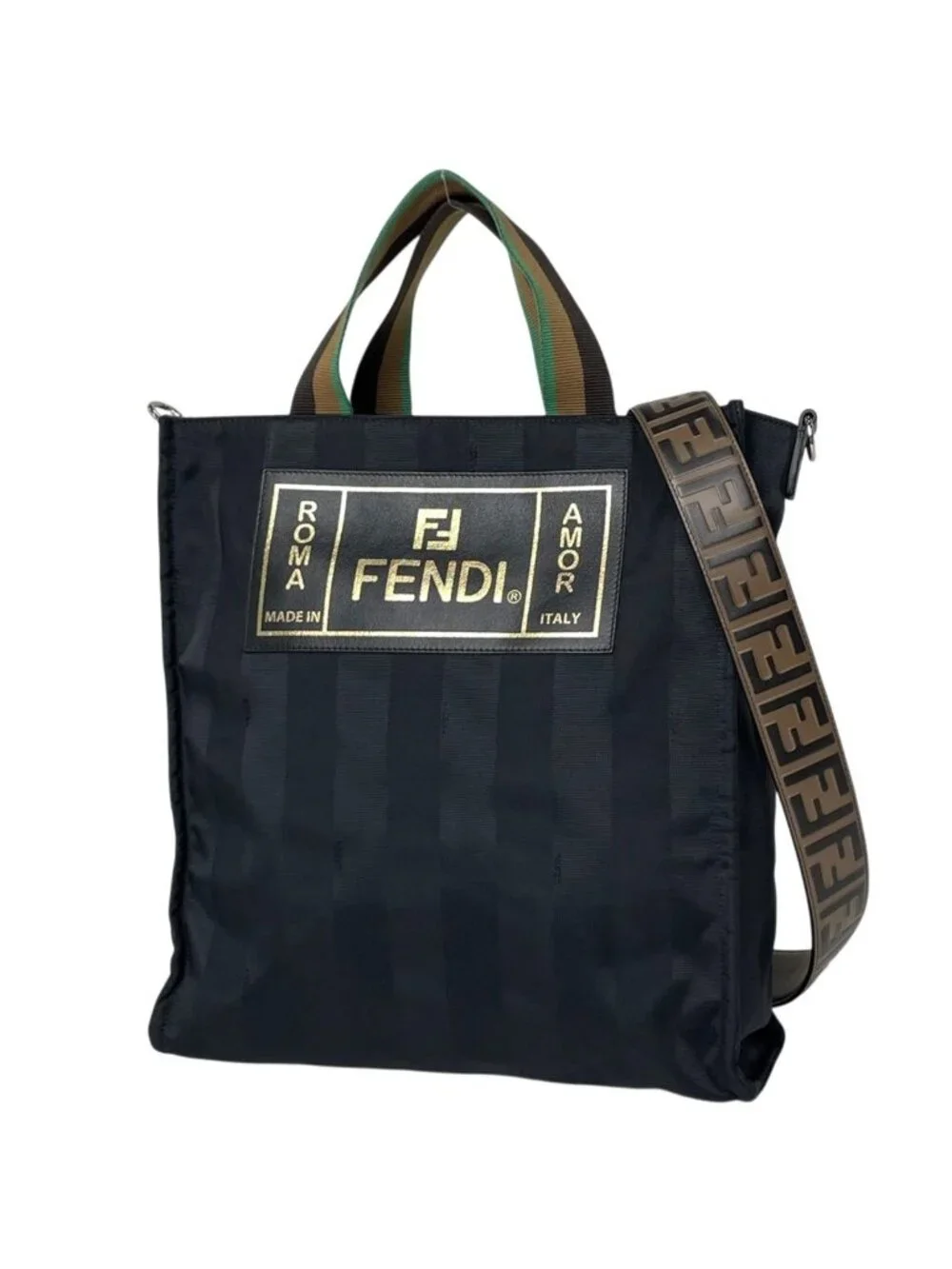 Fendi Tote Pecan Pattern 2-Way Nylon Black